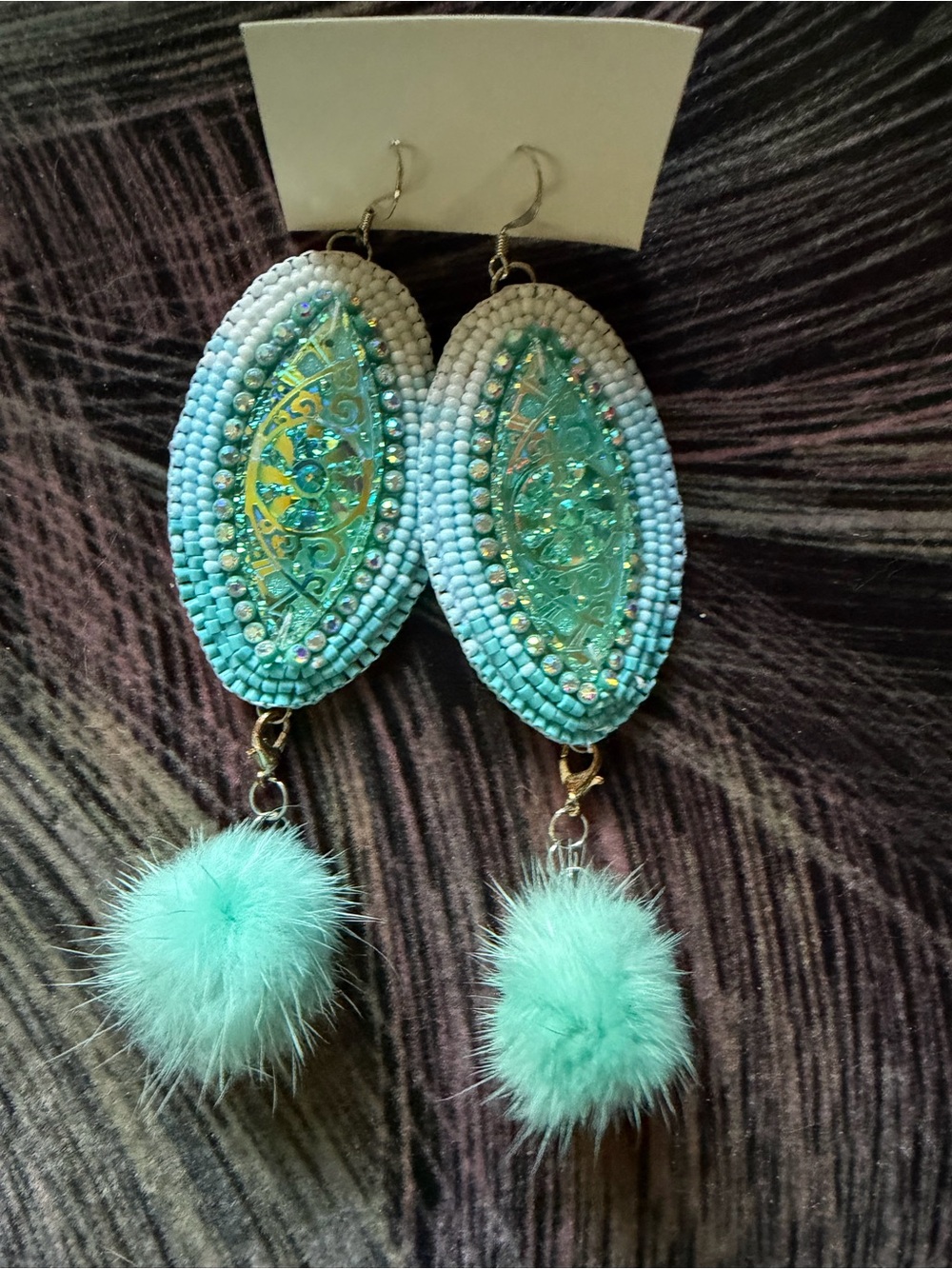Handmade Handcrafted Beaded Teal Pom-Pom Earrings